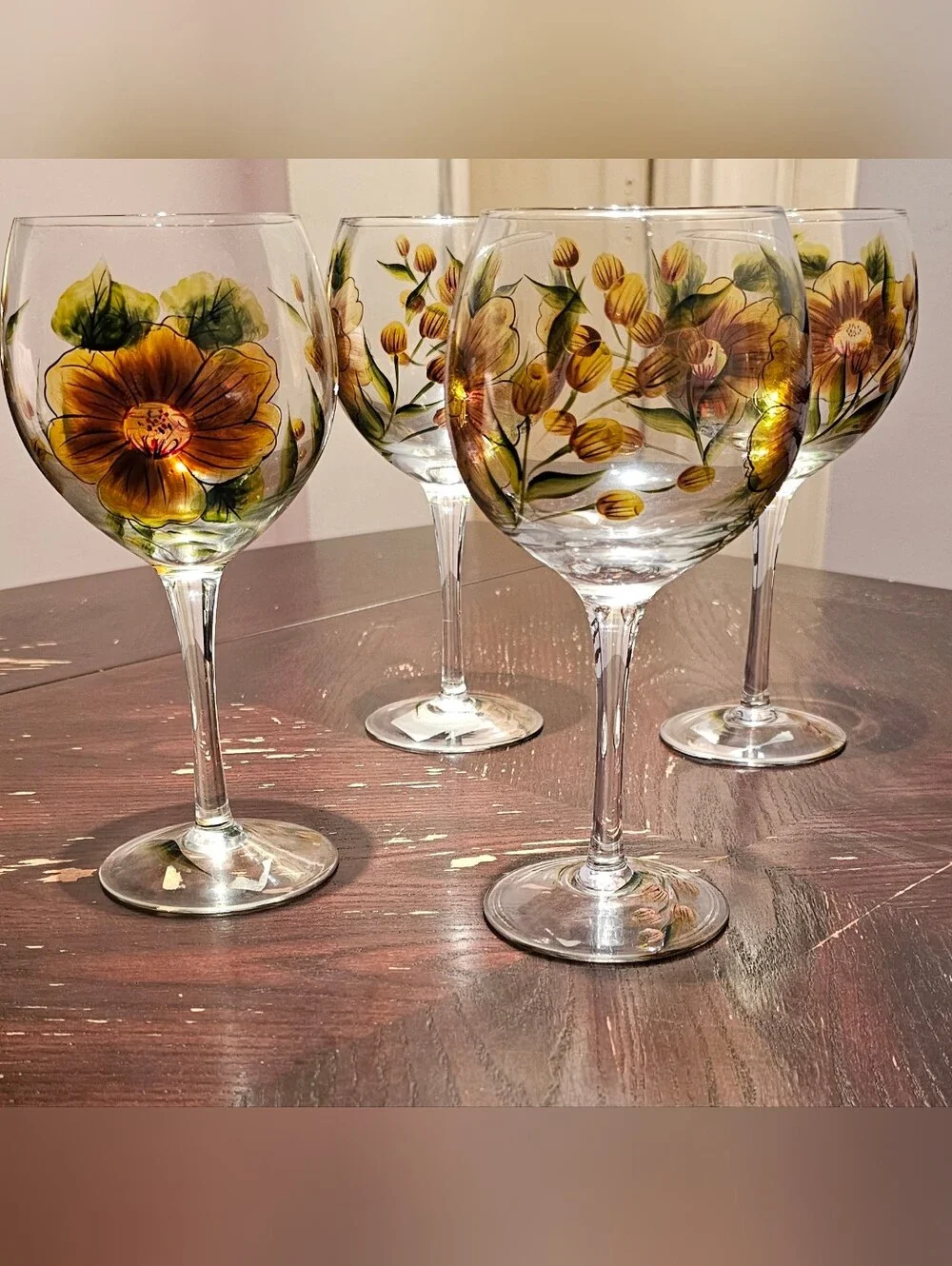Pier 1 Moth-Blown. Hand-Painted Floral Wine Glasses in Yellow & Green-Set of 4